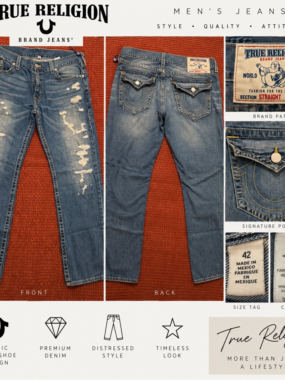 True Religion Men’s Distressed Straight Jeans - Blue